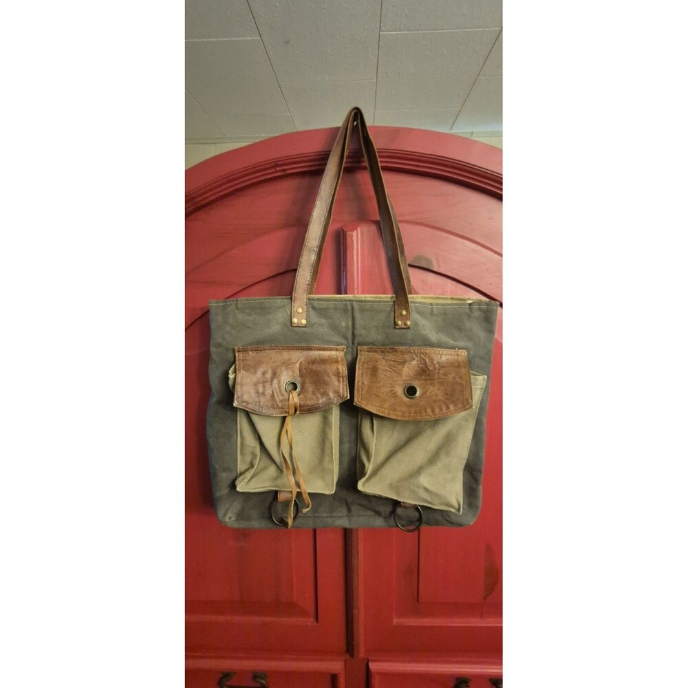 Mona B Dakota Upcycled Canvas Tote Shoulder Bag Leather Pockets Distressed Boho